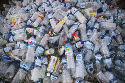 Full frame shot of plastic bottles at junkyard