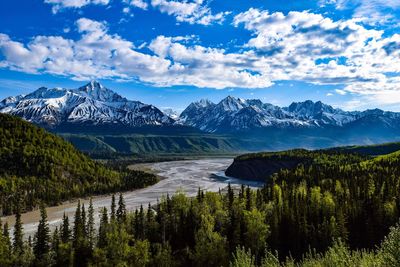 Scenic view of river against mountain landscape