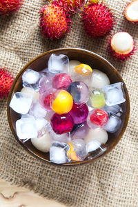 Close-up of fruit jelly in bowl on table