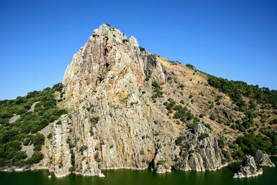 Low angle view of rock formation against clear blue sky