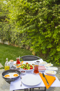 High angle view of breakfast served on table