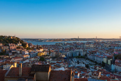 High angle view of townscape against sky during sunset