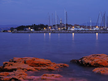 View of marina at night