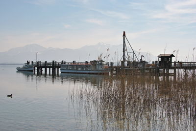 Boats moored at harbor