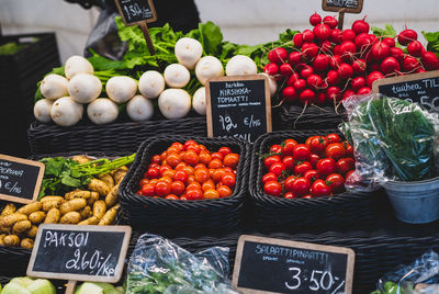 Various vegetables for sale at market stall