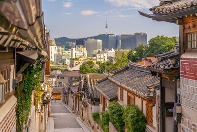 High angle view of buildings in city