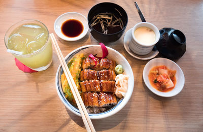 High angle view of breakfast served on table