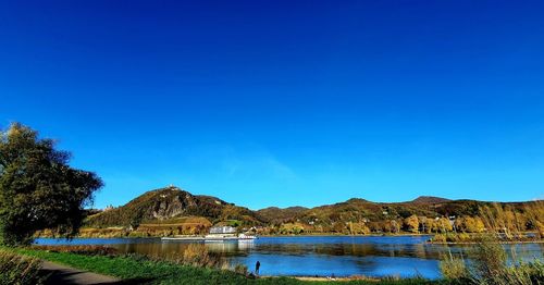 Scenic view of lake against clear blue sky