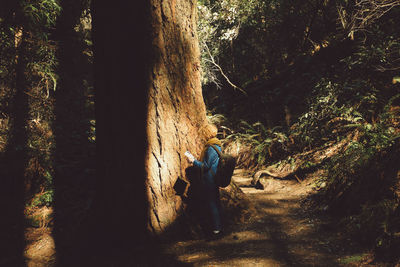 Side view of mid adult woman standing by tree in forest