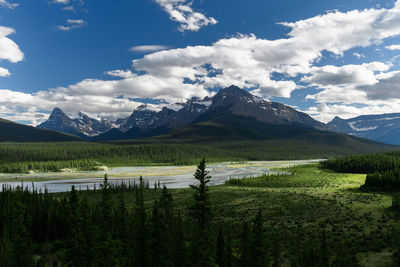 Scenic view of lake and mountains against sky