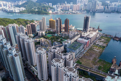 High angle view of modern buildings in city