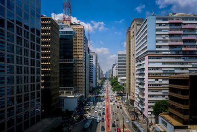 Panoramic view of buildings in city against sky