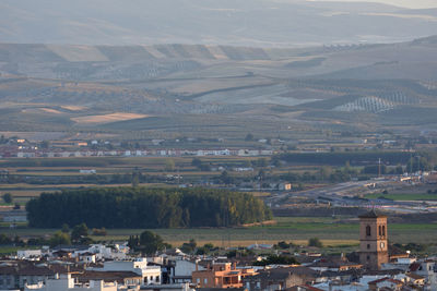 High angle view of buildings in city