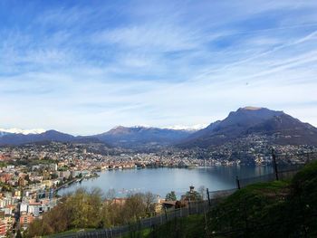 Panoramic shot of townscape by lake against sky