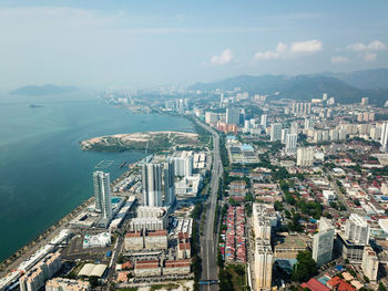 Aerial view tun dr lim chong eu highway with less car traffic due to movement control order.