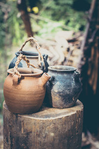 Close-up of clay containers on log