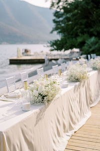 Empty chairs and tables in restaurant