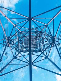 Low angle view of power lines against blue sky