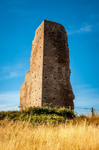 Low angle view of castle on field against sky