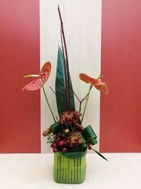 Close-up of flower vase on table against wall