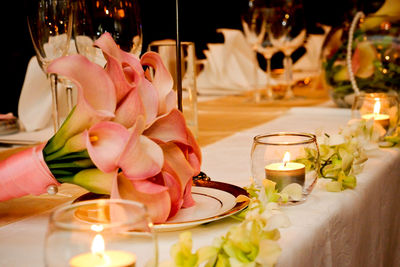 Flower pot on table at restaurant