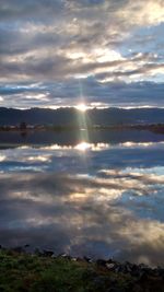 Scenic view of lake against cloudy sky