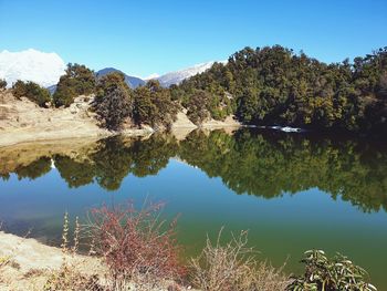 Reflection of trees in lake against sky