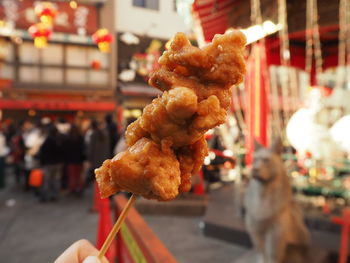 Close-up of fried food in skewer