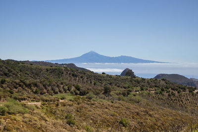 Scenic view of mountains against clear blue sky