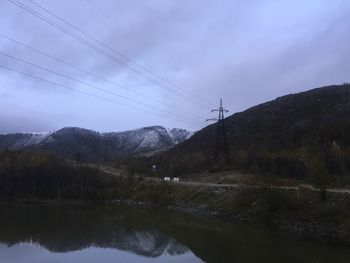 Scenic view of lake by mountains against sky