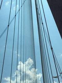 Low angle view of suspension bridge against sky