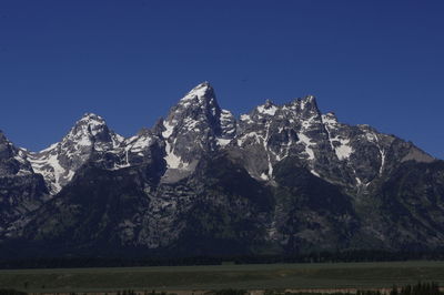 Scenic view of mountains against clear blue sky