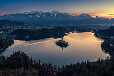 Lake bled, slovenia, mountain range, sunrise