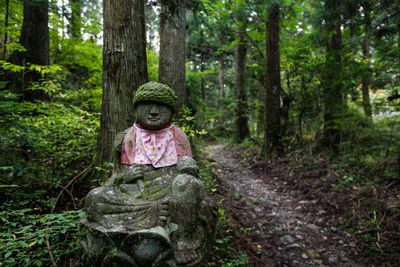 Woman sitting on tree trunk in forest