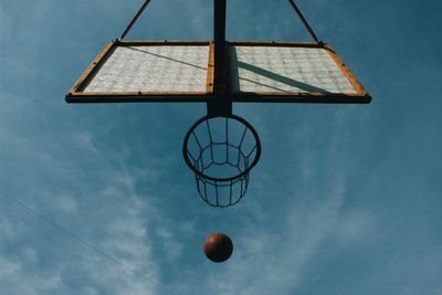 Low angle view of basketball by hoop against sky