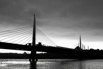 Low angle view of suspension bridge over river