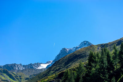 Scenic view of mountains against clear blue sky