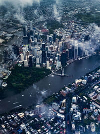 High angle view of illuminated cityscape