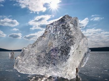 Close-up of snow on rock against sky