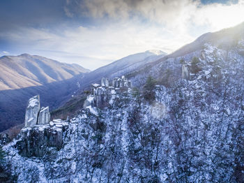 Scenic view of snowcapped mountains against sky