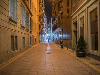 Illuminated alley amidst buildings in city at night