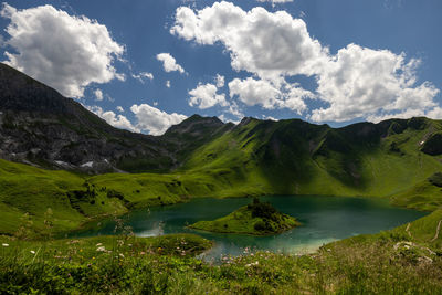 Scenic view of lake and mountains against sky