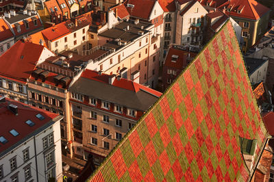 High angle view of buildings in city