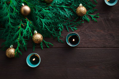 High angle view of christmas decorations on table