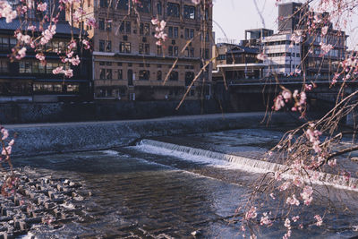 Buildings by river in city