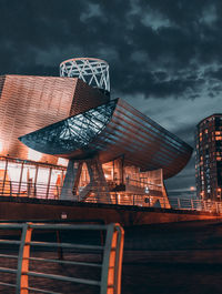 Low angle view of modern building against cloudy sky