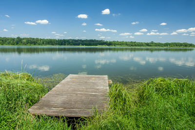 Wooden jetty with planks by the lake, trees on the horizon and white clouds on blue sky