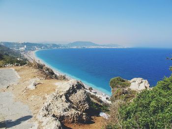 High angle view of sea against clear sky