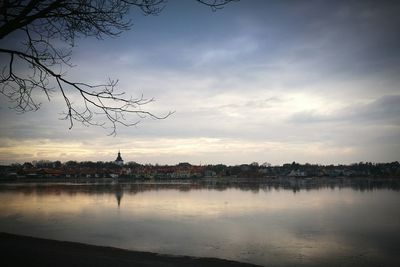 Scenic view of river against sky at sunset