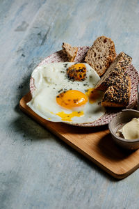 Fried egg. view of two fried eggs on a frying pan. ready to eat with breakfast or lunch